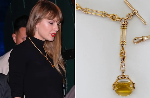 Taylor Swift wearing a vintage watch fob from 100 Ways